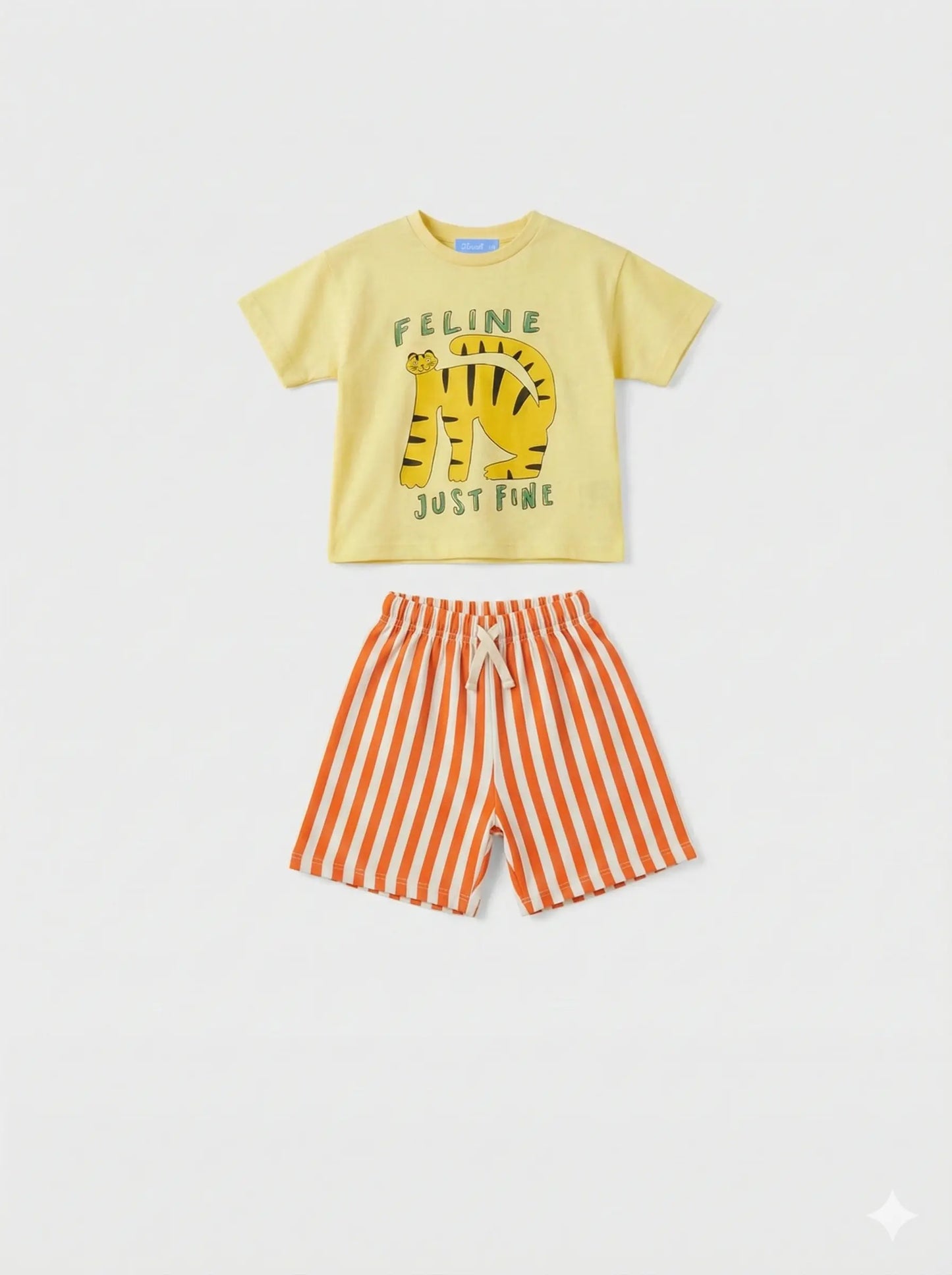 Completo t-shirt tigre gialla e shorts righe