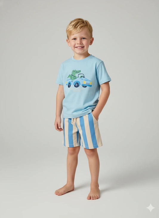 Completo t-shirt coccodrillo e shorts righe