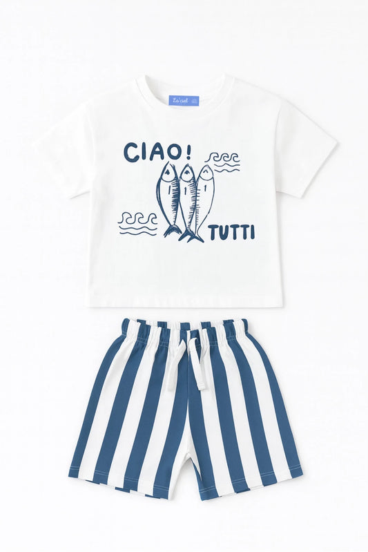 Completo t-shirt “Ciao!” e shorts righe