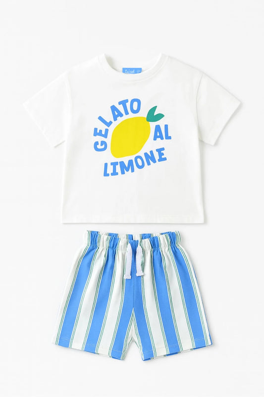 Completo t-shirt “Gelato al limone” e shorts righe