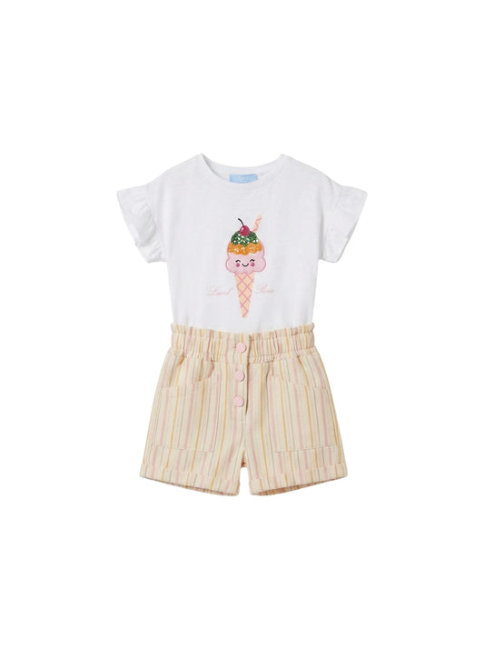 Completo t-shirt con applicazione gelato e shorts righe