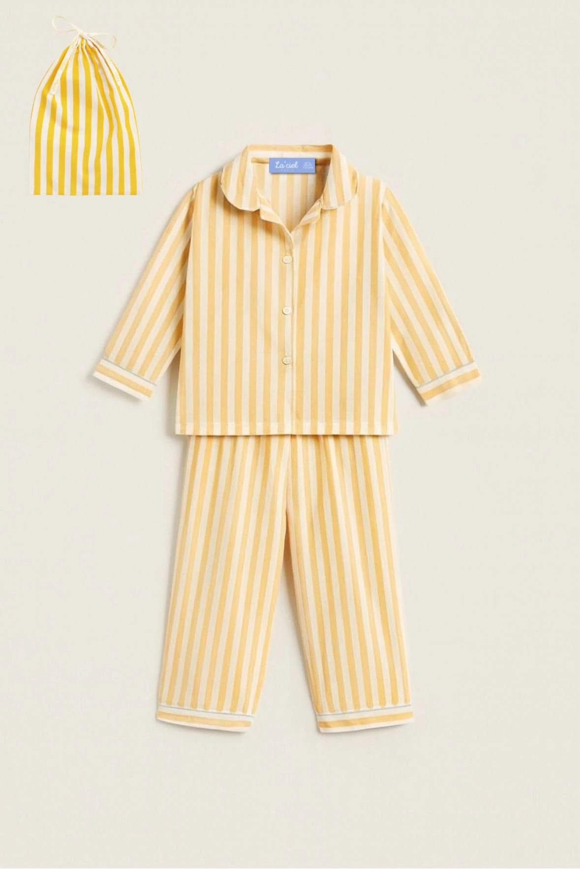 Pigiama bambino cotone righe gialle + sacchetto coordinato