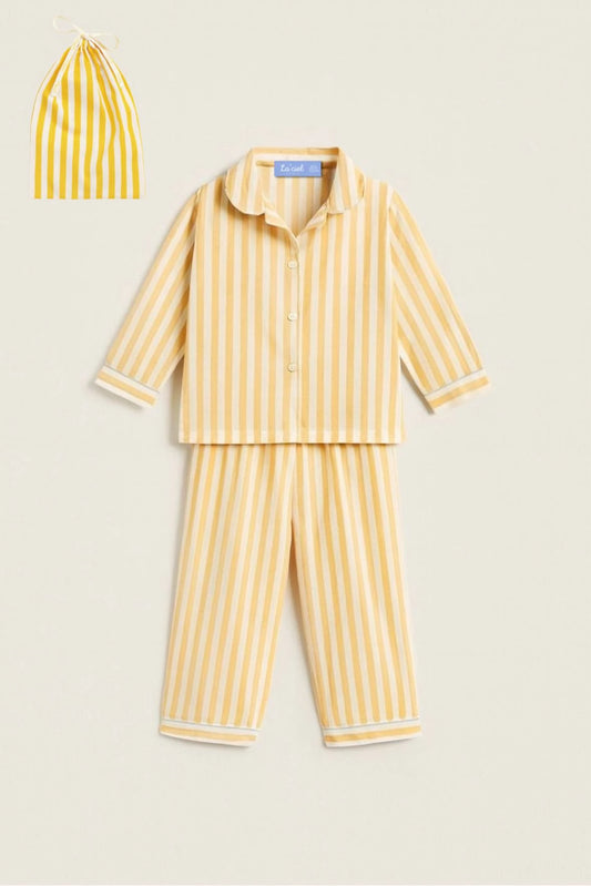 Pigiama bambino cotone righe gialle + sacchetto coordinato