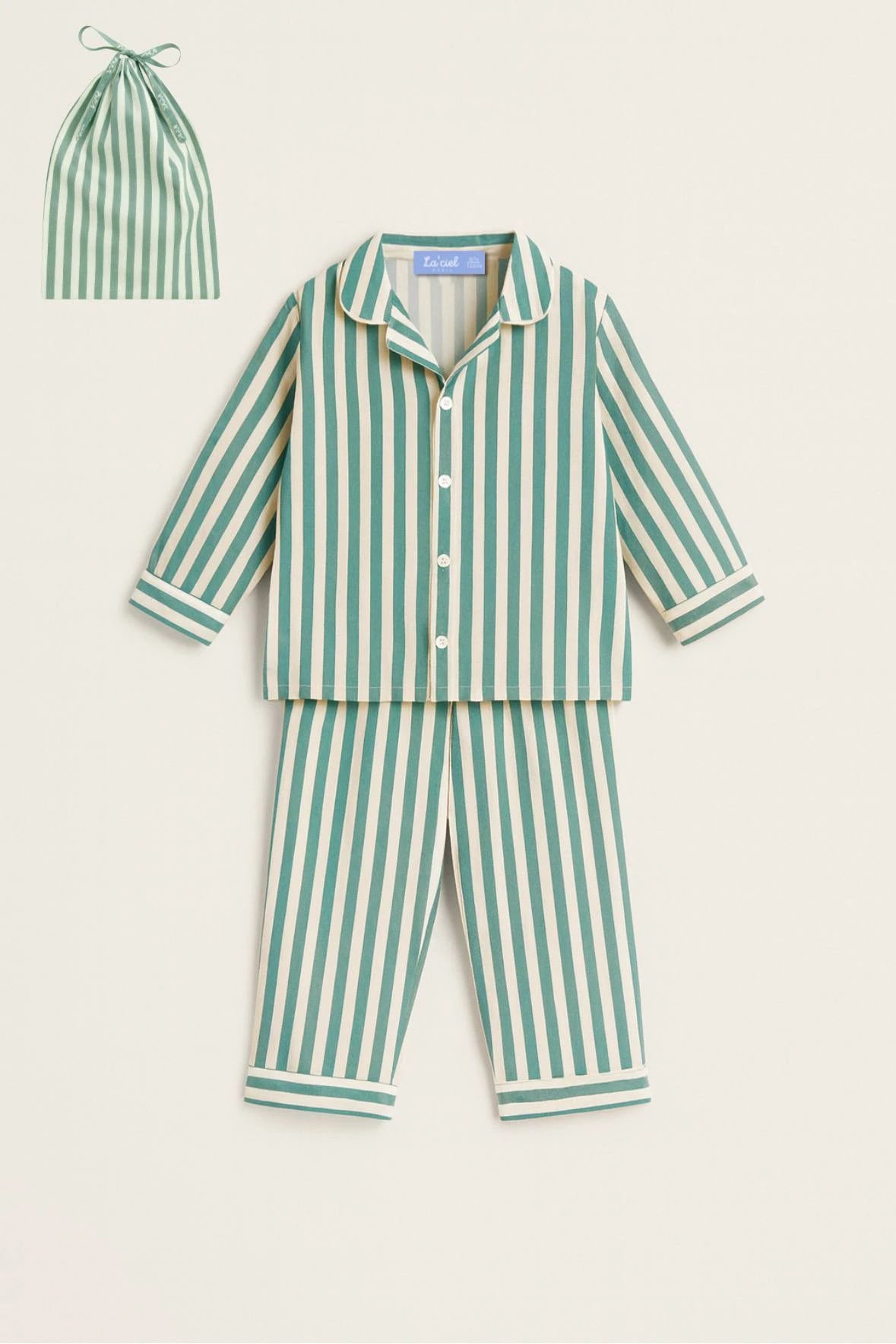 Pigiama bambino cotone righe verde + sacchetto coordinato