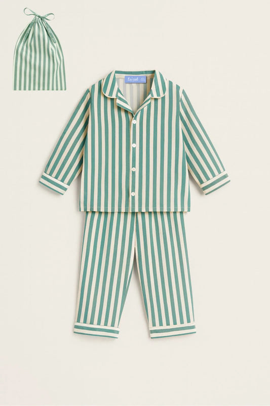 Pigiama bambino cotone righe verde + sacchetto coordinato