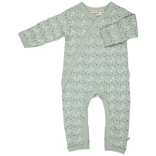 Tutina kimono fiori verdi in cotone organico | PIGEON ORGANICS