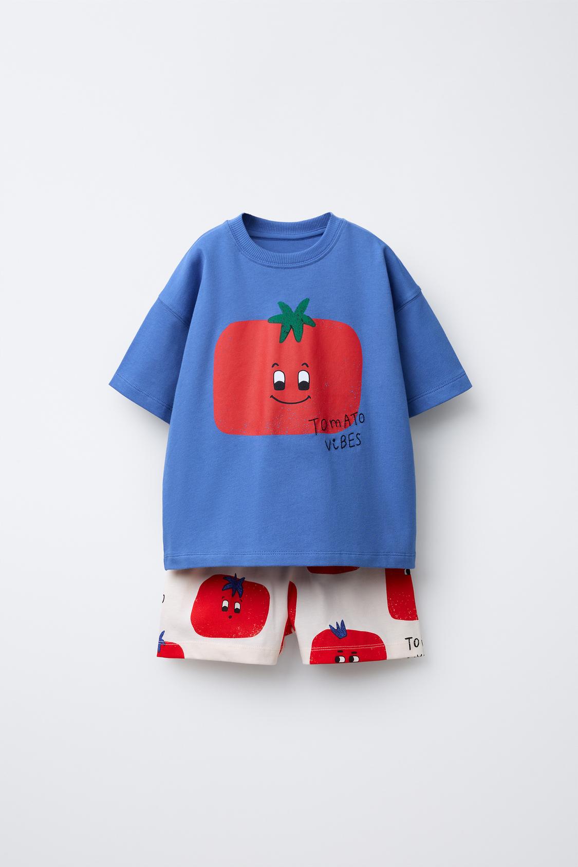 Completo t-shirt stampa pomodoro e shorts coordinati