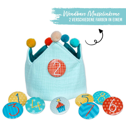 Corona compleanno in mussola con numeri intercambiabili Turchese - Papierdrachen